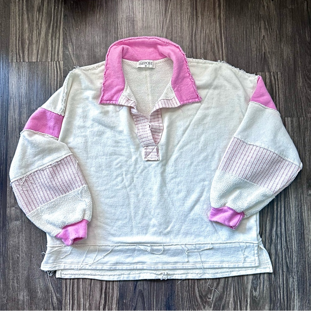 The POST Patchwork Pink & Cream Rugby Pullover – Raw Hem – Size S - Picture 7 of 10